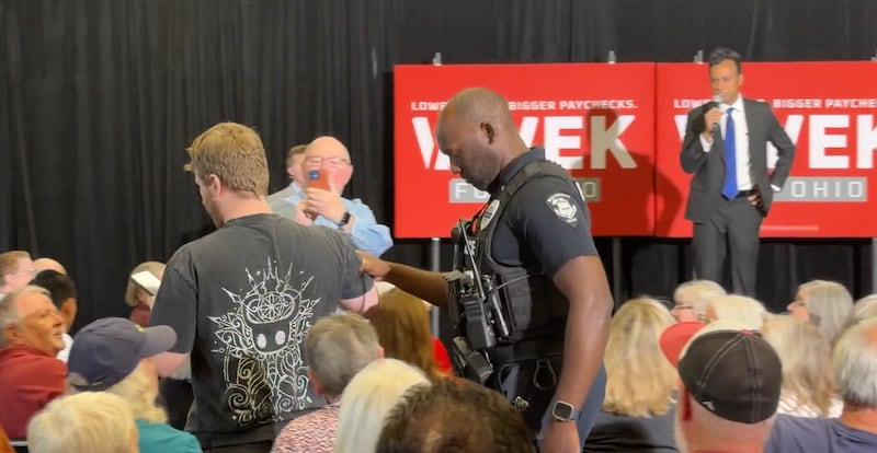 Vivek Ramaswamy is interrupted by a heckler.