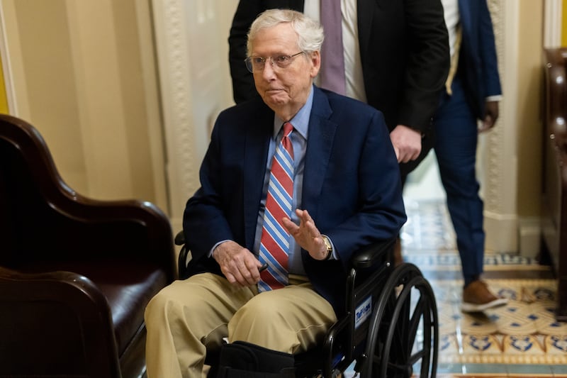 WASHINGTON, DC - FEBRUARY 26: Senator Mitch McConnell (R-KY) departs a Senate Republican caucus luncheon inside the U.S. Capitol building in Washington, DC on February 26, 2025.