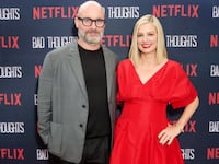 Tom Segura and Christina P attend the premiere of Tom Segura's Netflix Series "Bad Thoughts" at Braindead Studios on May 06, 2025 in Los Angeles, California.