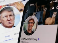 Donald Trump's Facebook account is displayed on a laptop screen and Mark Zuckerberg's Facebook account is displayed on a phone screen.