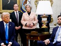 Donald Trump, U.S. National Security Adviser Michael Waltz, White House Chief of Staff Susie Wiles, U.S. Vice President JD Vance, and U.S. Secretary of Defense Pete Hegseth, listen as Israeli Prime Minister Benjamin Netanyahu speaks during a meeting in the Oval Office.