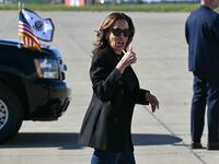 US Vice President and Democratic presidential candidate Kamala Harris gives a thumbs up as she walks to board Air Force Two upon departure from Pittsburgh International Airport in Pittsburgh, Pennsylvania, on September 9, 2024.