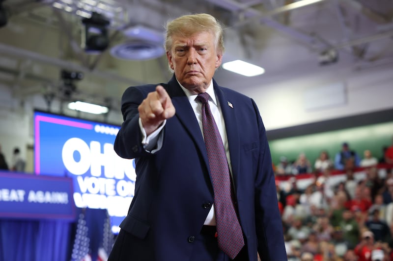 U.S. President Donald Trump points during a campaign rally at the Shoemaker Center at Ohio University on October 28, 2026 in Chillicothe, Ohio.