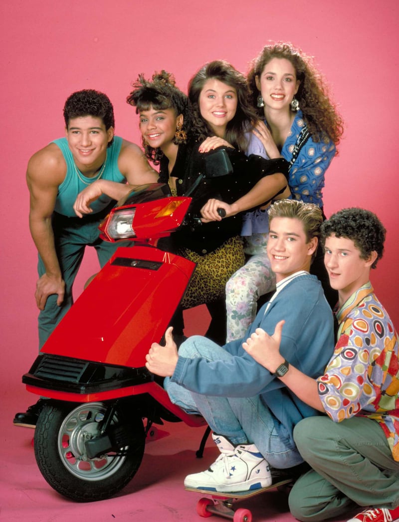 The cast of “Saved by the Bell”: Mario Lopez, Lark Voorhies, Tiffani Thiessen, Elizabeth Berkley, Mark-Paul Gosselaar, and Dustin Diamond.