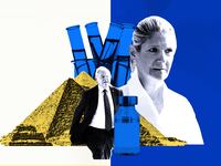 A photo illustration of Nadine and Bob Menendez among beakers and a pyramid in Egypt