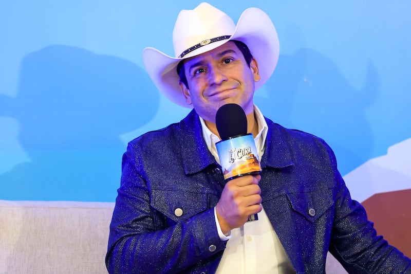 Bobby Pulido, singer and candidate for the 15th district of Congress in Texas, speaks at a press conference during La Cura Fest by Carin Leon at EXPOGAN on March 15, 2026 in Hermosillo, Mexico.