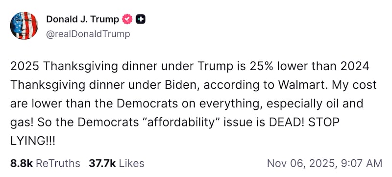 The president has been raving for days about the price of Walmart's Thanksgiving bundle.