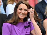 Catherine, Princess of Wales reacts as she arrives in the Royal Box on Centre Court to attend the men's singles final tennis match on the fourteenth day of the 2024 Wimbledon Championships.