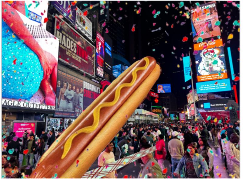 Image of a 65-foot long hot dog—the world’s largest!—in Times Square, NYC.