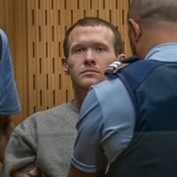 A photo of convicted mass murderer Brenton Tarrant in court.