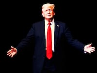 A photo illustration of Donald Trump with arms spread.