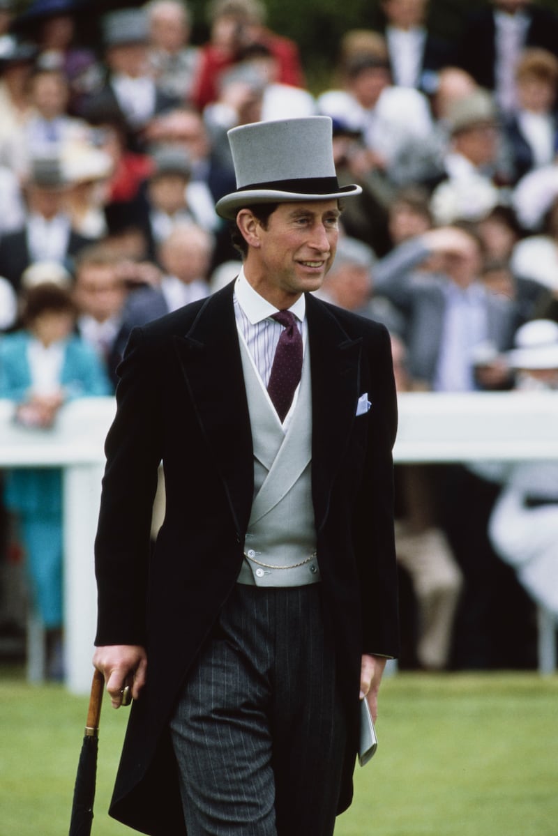 King Charles in morning dress on Derby Day at Epsom racecourse in Surrey, England, in June 1986.