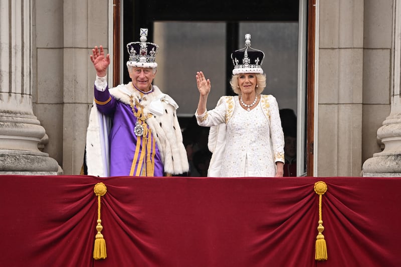 King Charles III wore the Imperial State Crown for the first time after his coronation on May 6, 2023. Pictured here with Queen Camilla, who wore a modified version of Queen Mary's Crown for the occasion.