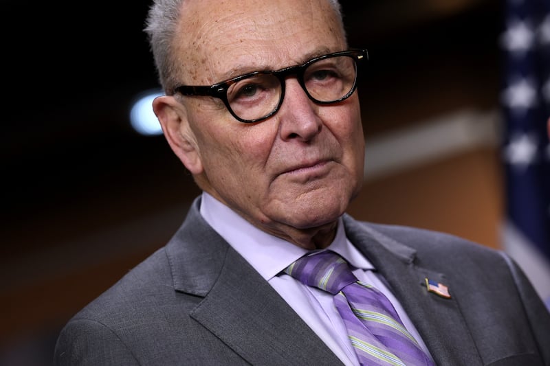 Senate Minority Leader Chuck Schumer (D-NY) attends a press conference on Department of Homeland Security (DHS) funding at the U.S. Capitol on February 04, 2026 in Washington, DC.