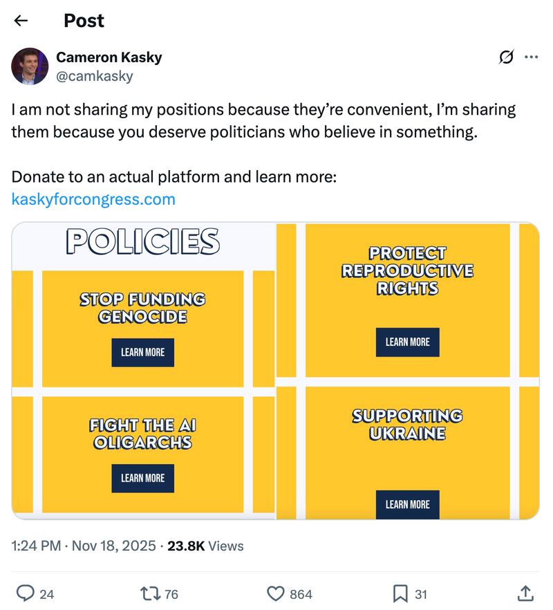 Kasky, 25, took aim at Schlossberg's stances—or lack thereof.