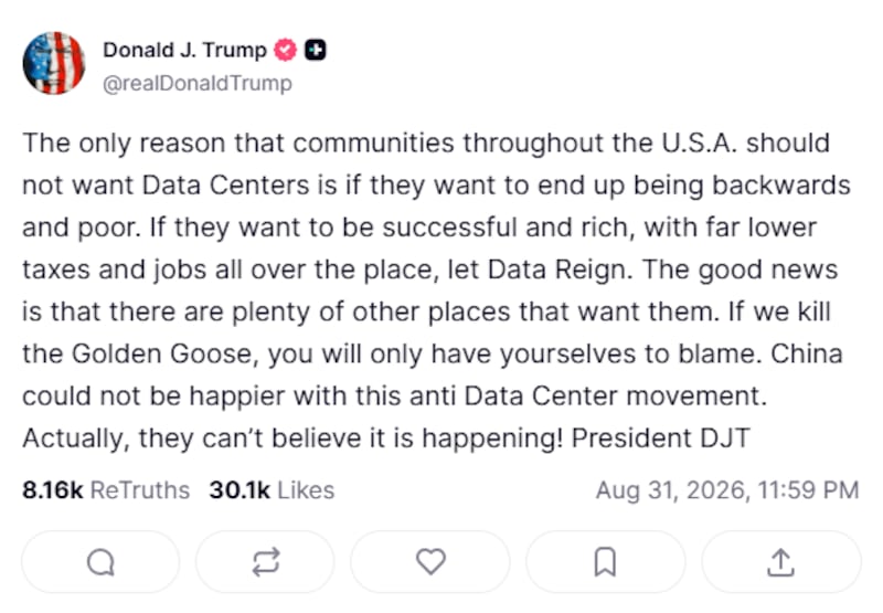 Trump dismissed data center opponents in August.
