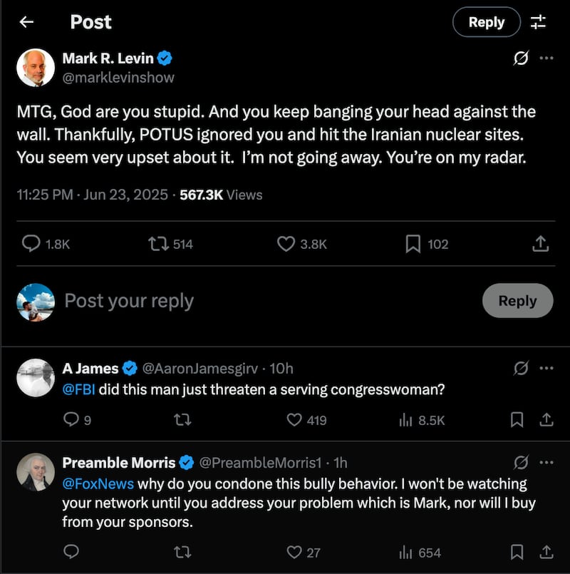 The top comments under Mark Levin’s post about Rep. Marjorie Taylor Greene questioned whether he was threatening a U.S. lawmaker.