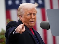 President Donald Trump gestures while speaking during a “Make America Wealthy Again” trade announcement event in the Rose Garden at the White House