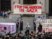 Supporters of Palestine gather at Harvard University to show their support for Palestinians in Gaza at a rally in Cambridge, Massachusetts, on October 14, 2023.