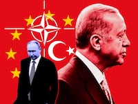 A photo composite of President Putin and President Erdogan with the NATO symbol, Turkish flag, and EU symbol in the background.