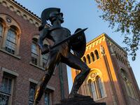 A view of Tommy Trojan, officially known as the Trojan Shrine, at the University of Southern California campus in Los Angeles Thursday, Dec. 7, 2023.