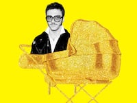 An illustration including a photo of Rocco Ritchie and a golden stroller