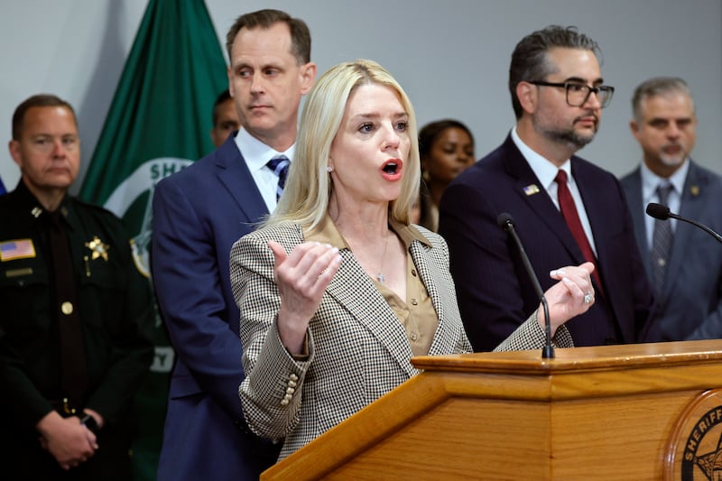 Attorney General Pam Bondi speaks during a news conference held to announce the arrest of nine MS-13 gang members.