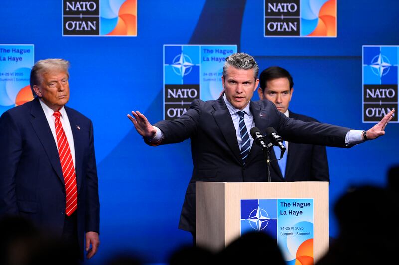 Defense Secretary Pete Hegseth speaks at a press conference during the NATO summit on June 25, 2025.