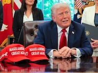President Donald Trump speaks to the media after signing executive orders in the Oval Office at the White House on April 23, 2025 in Washington, DC.