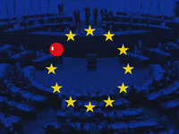 An image of the European Union flag with a red spy blinking light over an image of the European Parliament.