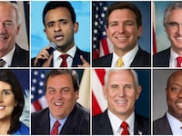 Headshots of each Republican presidential candidate participating in Wednesday’s primary debate.