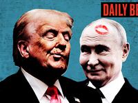 Donald Trump and Vladimir Putin with a lipstick mark on his head.