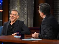 The Late Show with Stephen Colbert and guest George Clooney during Tuesday’s February 18, 2025 show. Photo: Scott Kowalchyk/CBS ©2024 CBS Broadcasting Inc. All Rights Reserved.
