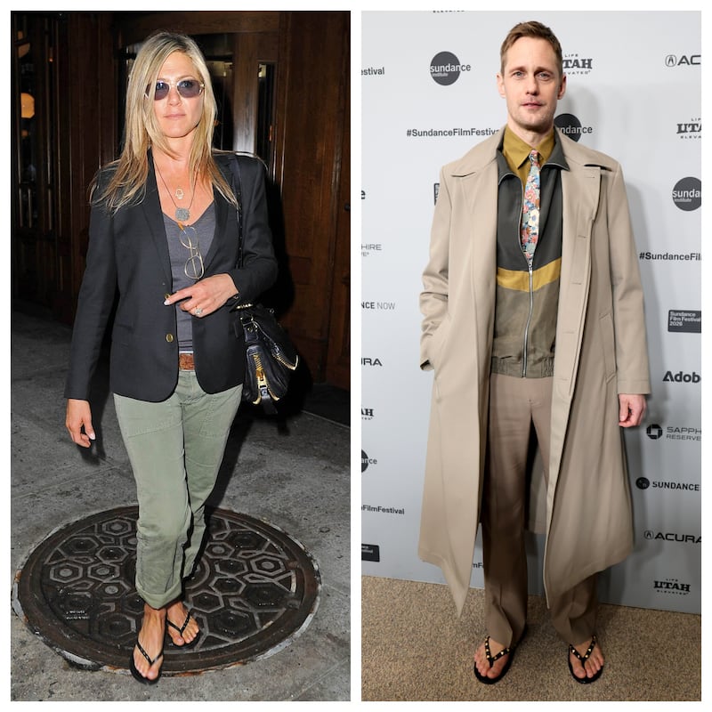Jennifer Aniston in New York City in 2013, and Alexander Skarsgård at the Sundance Film Festival in January 2026.