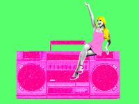 Photo illustration of Margot Robbie as Barbie on top of a pink glitter boombox.