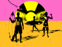 Illustrative gif looking like the Endless Summer poster but of surfers holding their board and a man holding a boom box with the sun a rotating record
