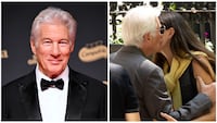 On left, Richard Gere attends the red carpet during the Goya Cinema Awards 2025 at the Granada Conference & Exhibition Centre on February 8, 2025, in Granada, Spain; on right, Gere kisses 28-year-old actress Diana Silvers in 'Asymmetry.'