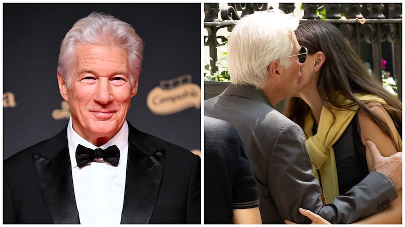 On left, Richard Gere attends the red carpet during the Goya Cinema Awards 2025 at the Granada Conference & Exhibition Centre on February 8, 2025, in Granada, Spain; on right, Gere kisses 28-year-old actress Diana Silvers in 'Asymmetry.'