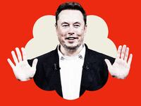Photo illustration of Elon Musk with his hands up in a off-white center of a X verification symbol on a red background.