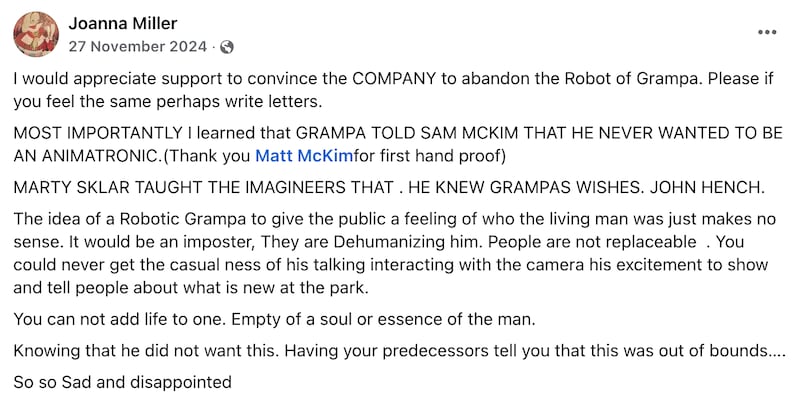Joanna Miller complains about plans for an animatronic Walt Disney on Facebook.