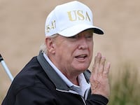U.S. President Donald Trump tees off after opening of his new golf course at his Trump International Golf links resort on July 29, 2025 in Balmedie, Scotland.