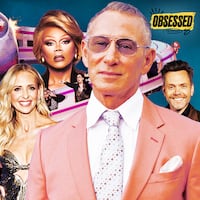 A photo illustration of Sarah Michelle Gellar, RuPaul, and Joel McHale for the Obsessed Podcast.