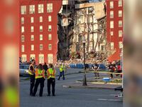 A partially-collapsed apartment building in downtown Davenport, Iowa.