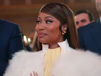 Musician Nicki Minaj attends the Treasury Department's Trump Accounts Summit with U.S. Treasury Secretary Scott Bessent (L) at the Andrew W. Mellon Auditorium on January 28, 2026.