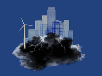Photo illustrative gif of a blueprint of a city in a dark storm cloud with a rotating wind turbine