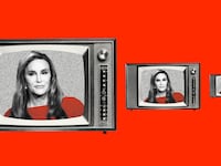 Photo illustration of three pictures of Caitlyn Jenner inside an old tv getting progressively smaller on a red background