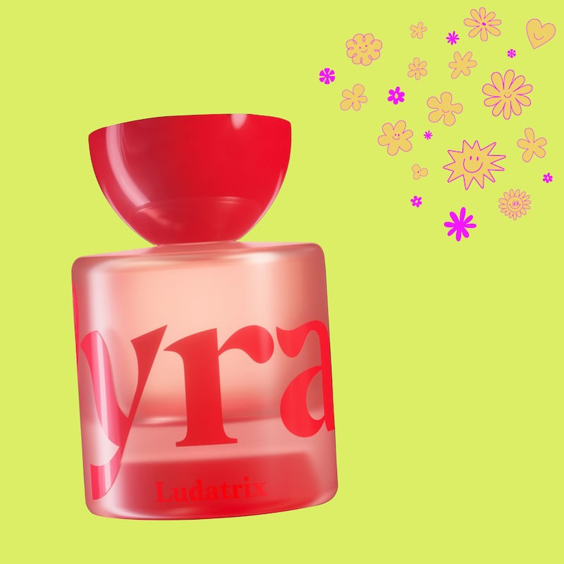 ludatrix perfume on a green background with orange and pink shapes