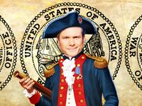 A photo illustration of Sec of Defense Pete Hegseth dressed up as a Revolutionary War solider in front of the old War Office seal.