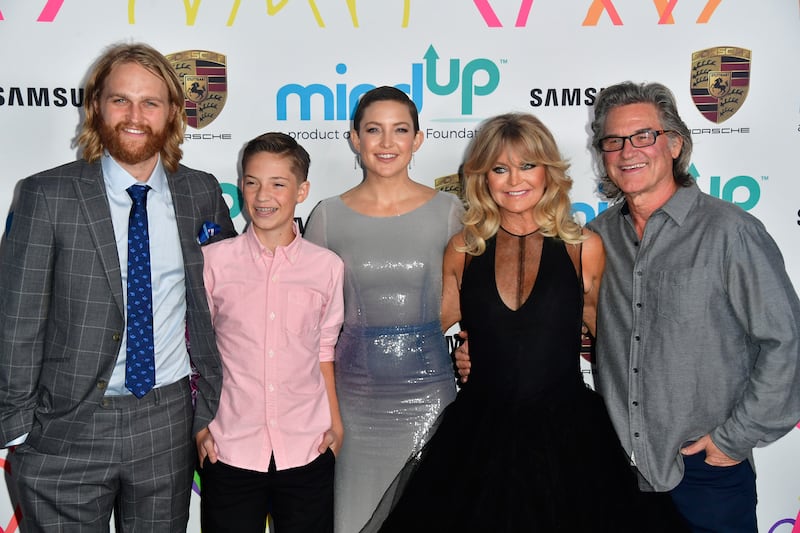 Goldie Hawn and Kurt Russell (right) with son Wyatt Russell, grandson Ryder Robinson, and daughter Kate Hudson at Goldie's Love In For Kids, an annual charity event benefitting the Goldie Hawn Foundation, on November 3, 2017.