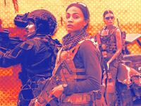 A photo illustration of Jill Wagner, Zoe Saldana, and Laysla De Oliveria in Special Ops: Lioness.